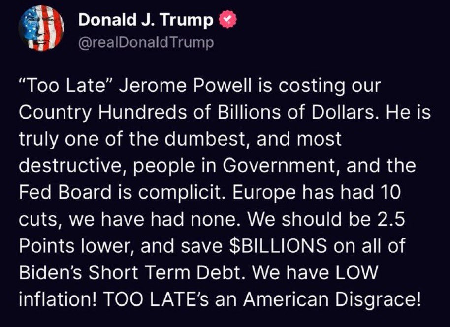 This is insane rhetoric from the President of the United States, publicly attacking the Federal Reserve Chair in the most reckless terms. 

Do not get desensitized to this level of madness.
