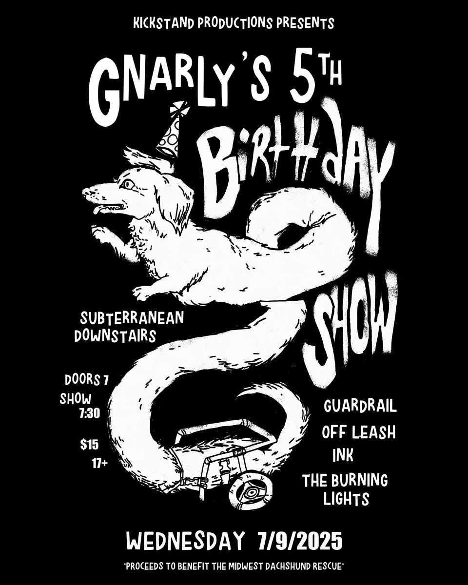 🥳 JUST ANNOUNCED 🥳
Gnarly's 5th Bday Show with Guardrail, Off Leash, Ink &amp; The Burning Lights
📆 WED., JULY 9 at Subterranean Downstairs
🎟 ON SALE NOW
🔗 bit.ly/3TuC09h
