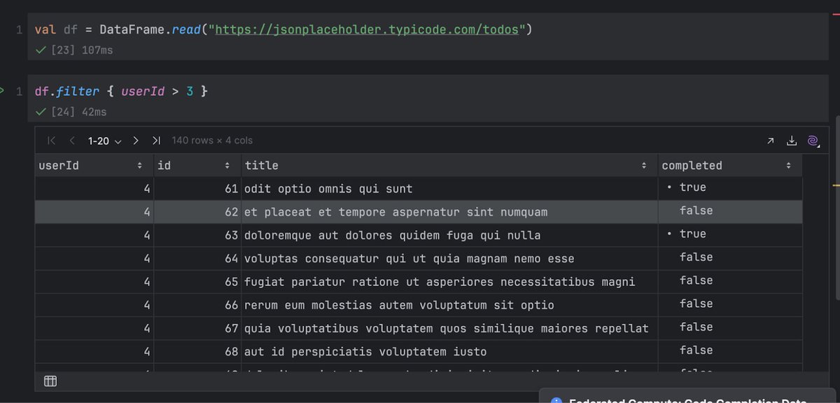 Kotlin by JetBrains (@kotlin) on Twitter photo 📊 Working with data in Kotlin Notebook?
Run `%use dataframe` to integrate interactive tables with sorting, pagination, and nested views. Say goodbye to messy console dumps!
Try it in <a href="/intellijidea/">IntelliJ IDEA, a JetBrains IDE</a> 📊 Working with data in Kotlin Notebook?
Run `%use dataframe` to integrate interactive tables with sorting, pagination, and nested views. Say goodbye to messy console dumps!
Try it in <a href="/intellijidea/">IntelliJ IDEA, a JetBrains IDE</a>