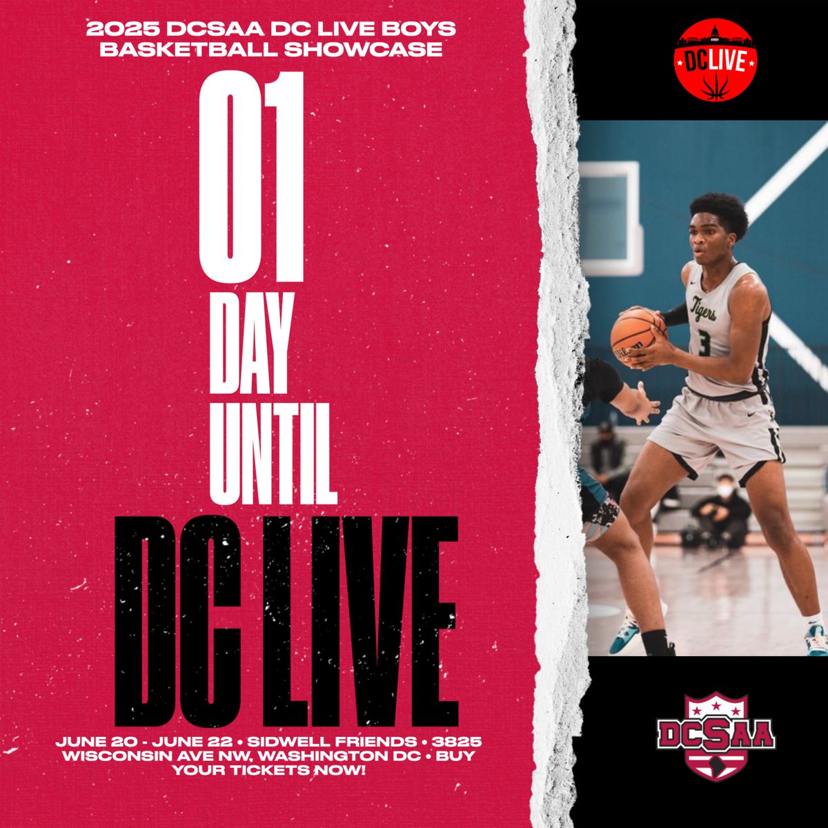 ⏳ The wait is almost over…
 1 DAY UNTIL DC LIVE 🏀🔥
The 2025 DCSAA DC Live Boys Basketball Showcase tips off tomorrow.

📍 Sidwell Friends School
📅 June 20–22
🎟️ Grab your tickets now: dcsaasports.com/tickets
#DCLive #DCSAA #HighSchoolHoops #BasketballShowcase #1DayOut