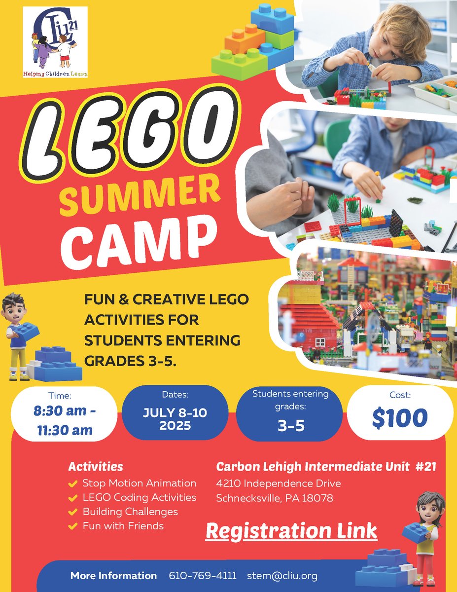 Carbon Lehigh IU #21 (@cliu21) on Twitter photo CLIU21 is hosting some awesome summer tech camps!
Bring your child to to learn about science and technology from our educators! We have morning camps over three days from 8:30am - 11:30am in July!
Email stem@cliu.org for registration!
#helpingchildrenlearn #lego #coding CLIU21 is hosting some awesome summer tech camps!
Bring your child to to learn about science and technology from our educators! We have morning camps over three days from 8:30am - 11:30am in July!
Email stem@cliu.org for registration!
#helpingchildrenlearn #lego #coding