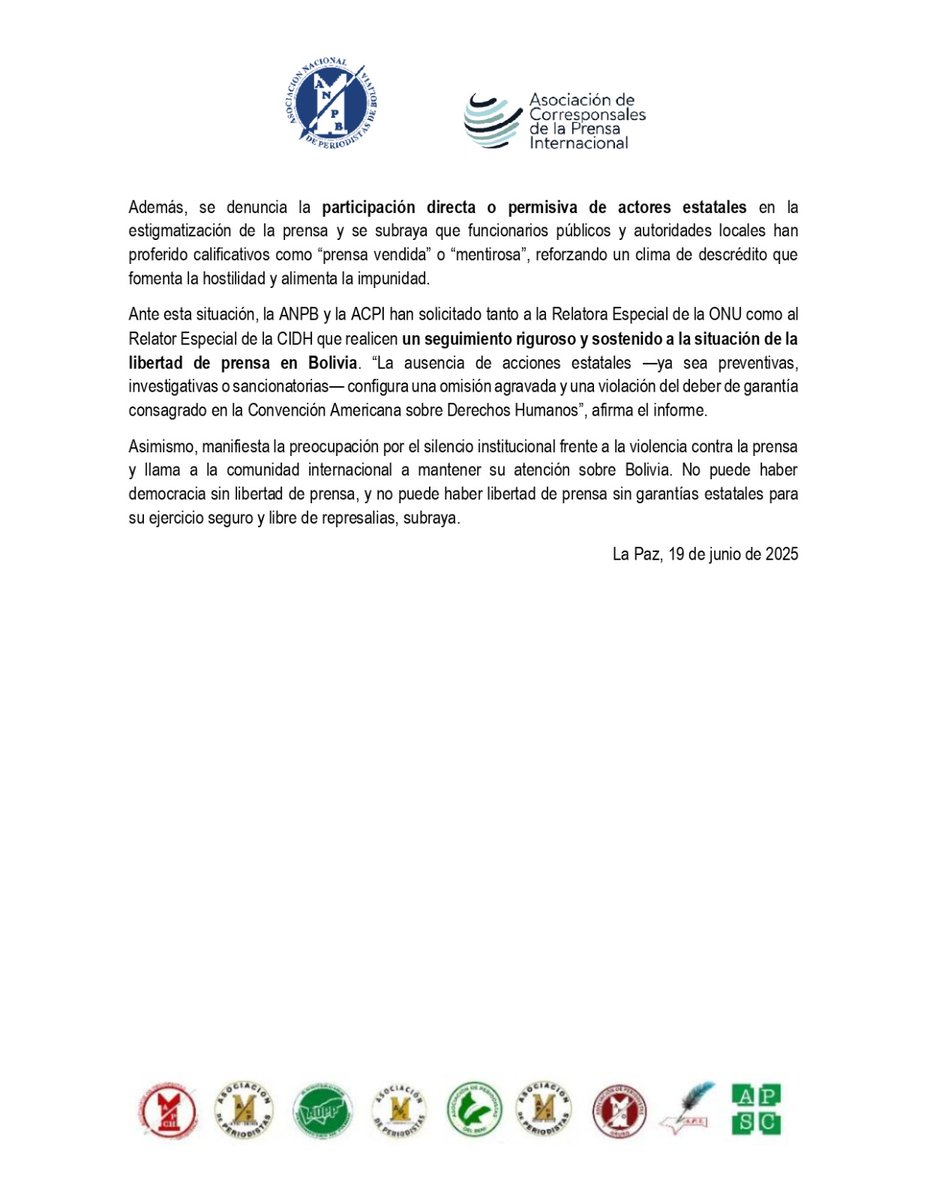 Grave denuncia. Asociaciones de periodistas bolivianos alertan a la ONU y la CIDH sobre una escalada de violencia contra la prensa entre enero y junio de 2025. Al menos 51 vulneraciones se documentaron solo en este semestre. #LibertadDePrensa #Bolivia <a href="/PVacaV/">Pedro Vaca V.</a> <a href="/ONU_es/">Naciones Unidas</a>