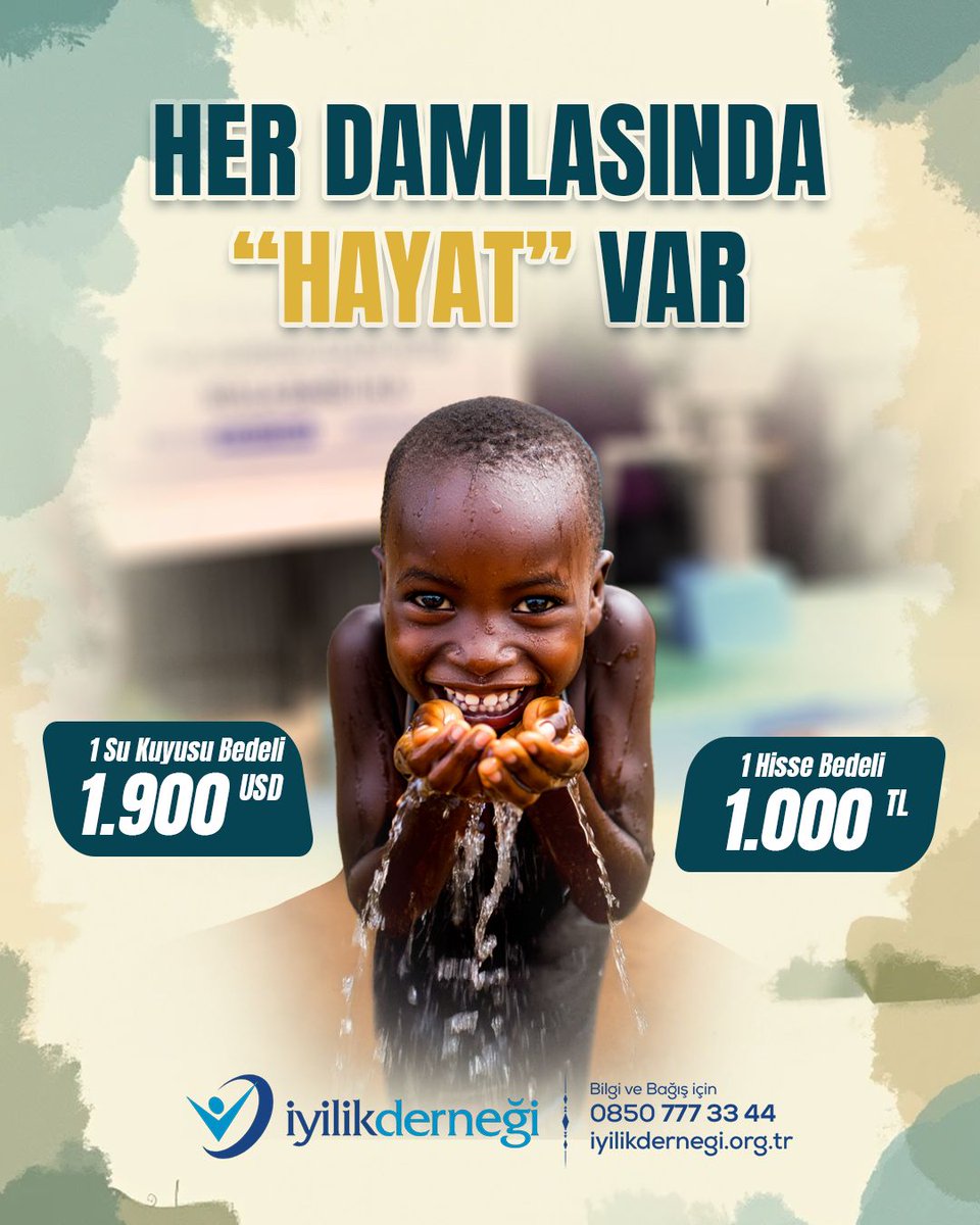 Her Damlasında Hayat Var!

Susuzlukla mücadele eden coğrafyalara temiz içme suyu ulaştırmak için siz de destek olun.

📌 Su Kuyusu Hisse Bedeli: 1.000 TL
📞 Detaylı Bilgi: 0850 777 33 44
🌐 Bağış: iyilikdernegi.org.tr/faaliyetler/su…