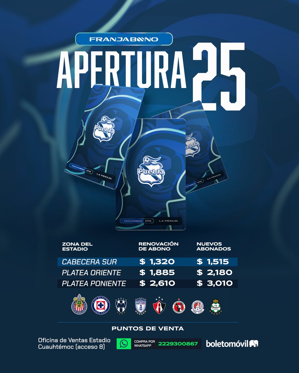 ¡Adquiere o renueva tu 🪪 Franjabono del torneo AP25 y asegura tu lugar en el Cuauhtémoc! 🏟️ Son 8️⃣ partidos de local con el 🔵⚪️

Dale click aquí desde tu chamba 🧑🏻‍💻 ➡️ pueb.la/kLf9
📍Oficina de ventas del Cuauhtémoc de 11am a 7pm de martes a domingo.