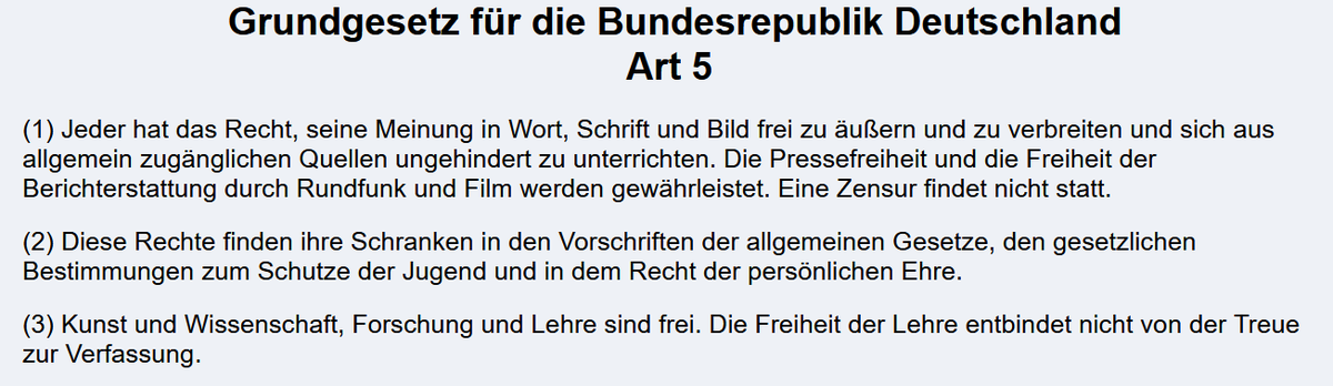 Frank van der Valk (@frank_vd_valk) on Twitter photo <a href="/PolizeiBB/">Polizei Brandenburg</a> Die Polizei Brandenburg überschreitet mit solchen Posts ganz klar ihre Grenzen. "Menschenverachtende Hetze" ist kein Straftatbestand. Auch "Hass" ist nicht verboten.
Solange kein Straftatbestand vorliegt, gilt Art 5 GG.
Das sollten Sie mal lesen... wirklich spannend. <a href="/PolizeiBB/">Polizei Brandenburg</a> Die Polizei Brandenburg überschreitet mit solchen Posts ganz klar ihre Grenzen. "Menschenverachtende Hetze" ist kein Straftatbestand. Auch "Hass" ist nicht verboten.
Solange kein Straftatbestand vorliegt, gilt Art 5 GG.
Das sollten Sie mal lesen... wirklich spannend.