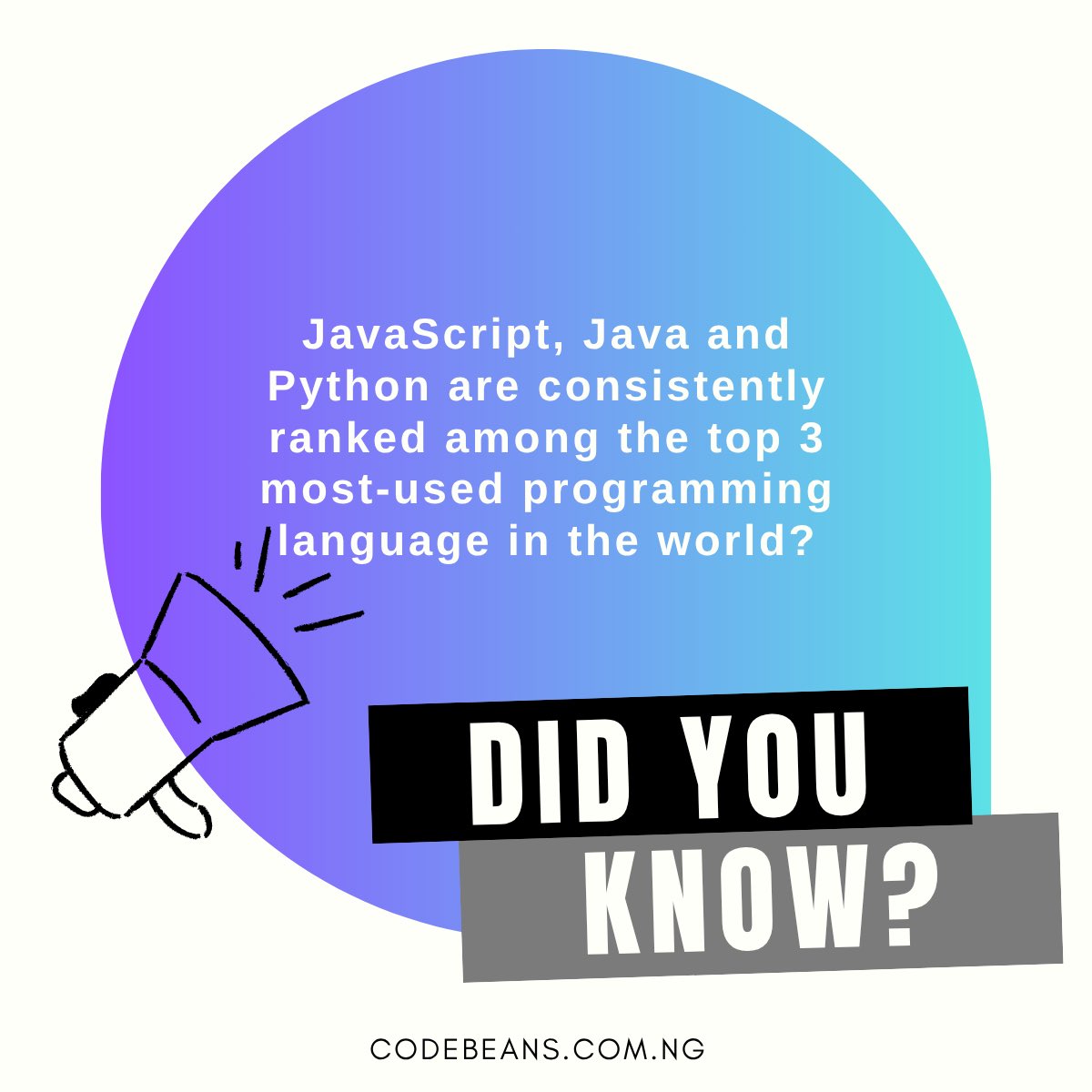 _codebeans's tweet image. JavaScript, Java, and Python; The Big 3 of Programming. Consistently topping global charts as the most-used language!

#CodeNewbies #programmers