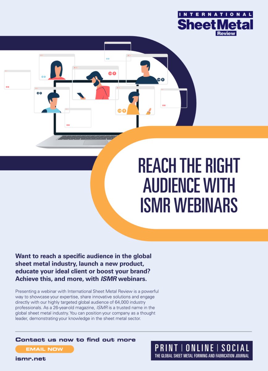Want to reach a specific audience in the global sheet metal industry, launch a new product, educate your ideal client or boost your brand? Achieve this, and more, with ISMR webinars. 

Read more here lnkd.in/eAGx8Z2E

#SheetMetal #ManufacturingIndustry #MetalFabrication