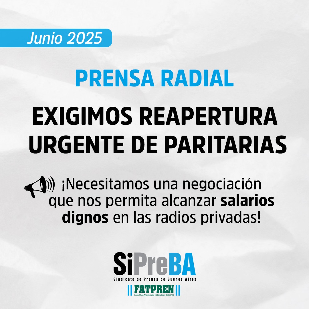 📻 PRENSA RADIAL
📣 Exigimos a la Secretaría de Trabajo que convoque la reapertura de paritarias para el período 2025/26.

➡️Necesitamos de manera urgente una negociación con la cámara empresaria ARPA que nos permita abordar la crisis salarial y la precarización en las radios.