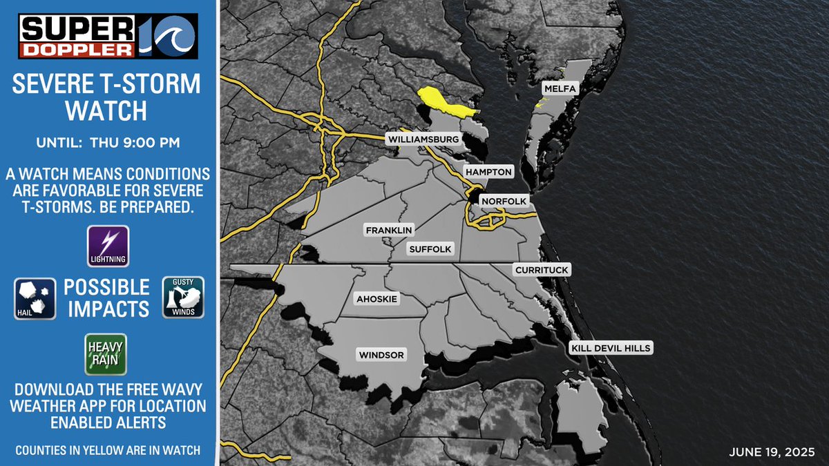 WEATHER ALERT: A Severe T-storm Watch has been issued for parts of the viewing area shaded in yellow. A WATCH means conditions are favorable for severe weather. 

Download the WAVY Weather App from the app store to get automatic alerts to your phone.