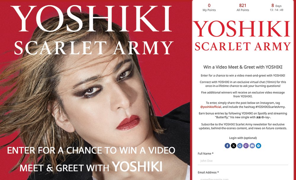 New <a href="/YoshikiOfficial/">Yoshiki</a> fan club #YOSHIKIScarletArmy Join the movement by fans around the world to support #YOSHIKI with releases, tours and projects. Click here to enter the contest for a chance to win a video meet &amp; greet with YOSHIKI. yoshiki.net/scarletarmycon… #contest