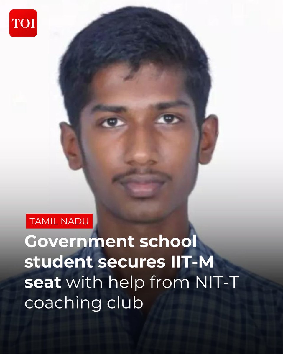 timesofindia's tweet photo. #Trichy | R Muhilraj, a student from #TamilNadu's Thuraiyur, has secured admission to the Naval Architecture and Ocean Engineering programme at #IITMadras after cracking #JEEAdvanced2025 with an AIR 1,751
Know more 🔗 https://t.co/XlB3jeW6E2 https://t.co/H6klB3ncBC