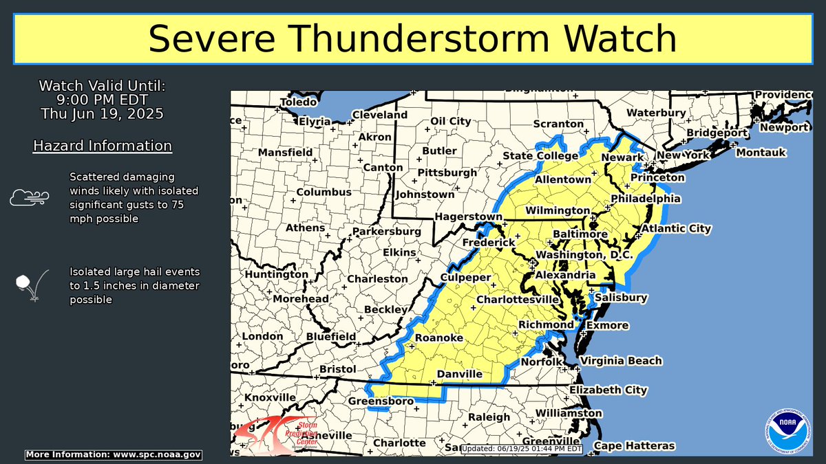 Severe Thunderstorm Watch #442 has been issued for parts of the Northeast and Mid Atlantic until 9pm EDT. Damaging gusts are likely, along with isolated hail and a brief tornado possible. See spc.noaa.gov for more info.