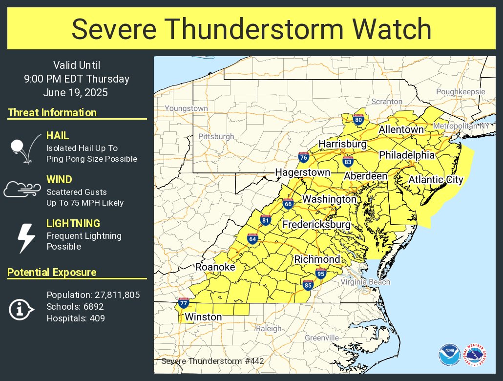 A severe thunderstorm watch has been issued for parts of DE, DC, MD, NJ, NC, PA, VA, WV until 9 PM EDT