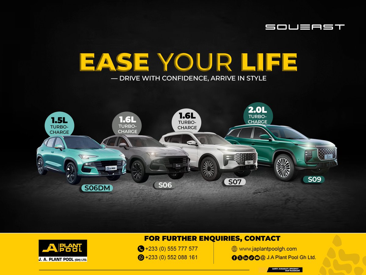 Ross Kyeremateng (@nanabaflowtrace) on Twitter photo The all-new Soueast vehicles are set to redefine your driving experience with smart technology, bold design, and unmatched comfort .
Coming to <a href="/JAPPGH/">JA Plant Pool Gh Ltd</a> showroom soon.
#JAPlantPool
Adjoa Tee Kofi Boat The FBI #summeronthehills Garage The all-new Soueast vehicles are set to redefine your driving experience with smart technology, bold design, and unmatched comfort .
Coming to <a href="/JAPPGH/">JA Plant Pool Gh Ltd</a> showroom soon.
#JAPlantPool
Adjoa Tee Kofi Boat The FBI #summeronthehills Garage