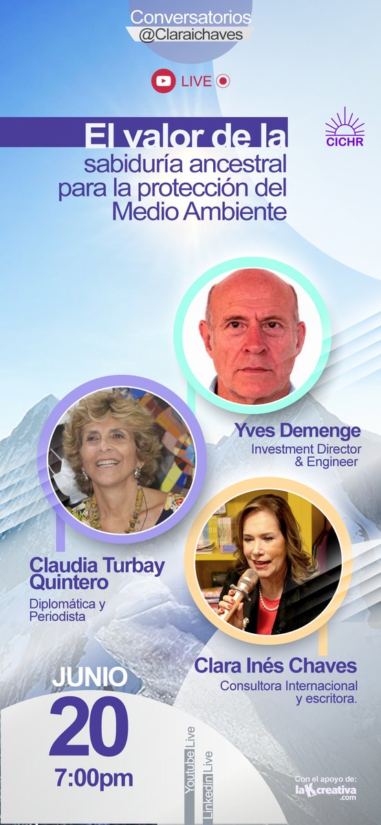 L@s esperamos este viernes 20/7PM para nuestra charla:
youtube.com/watch?v=PF5H6f…
"El valor de la sabiduría ancestral para la protección del #MedioAmbiente"

Estaré junto a Claudia Turbay e Yves Demenge explorando esta #SabiduríaAncestral

#MedioAmbiente #Cultura #JusticiaClimática