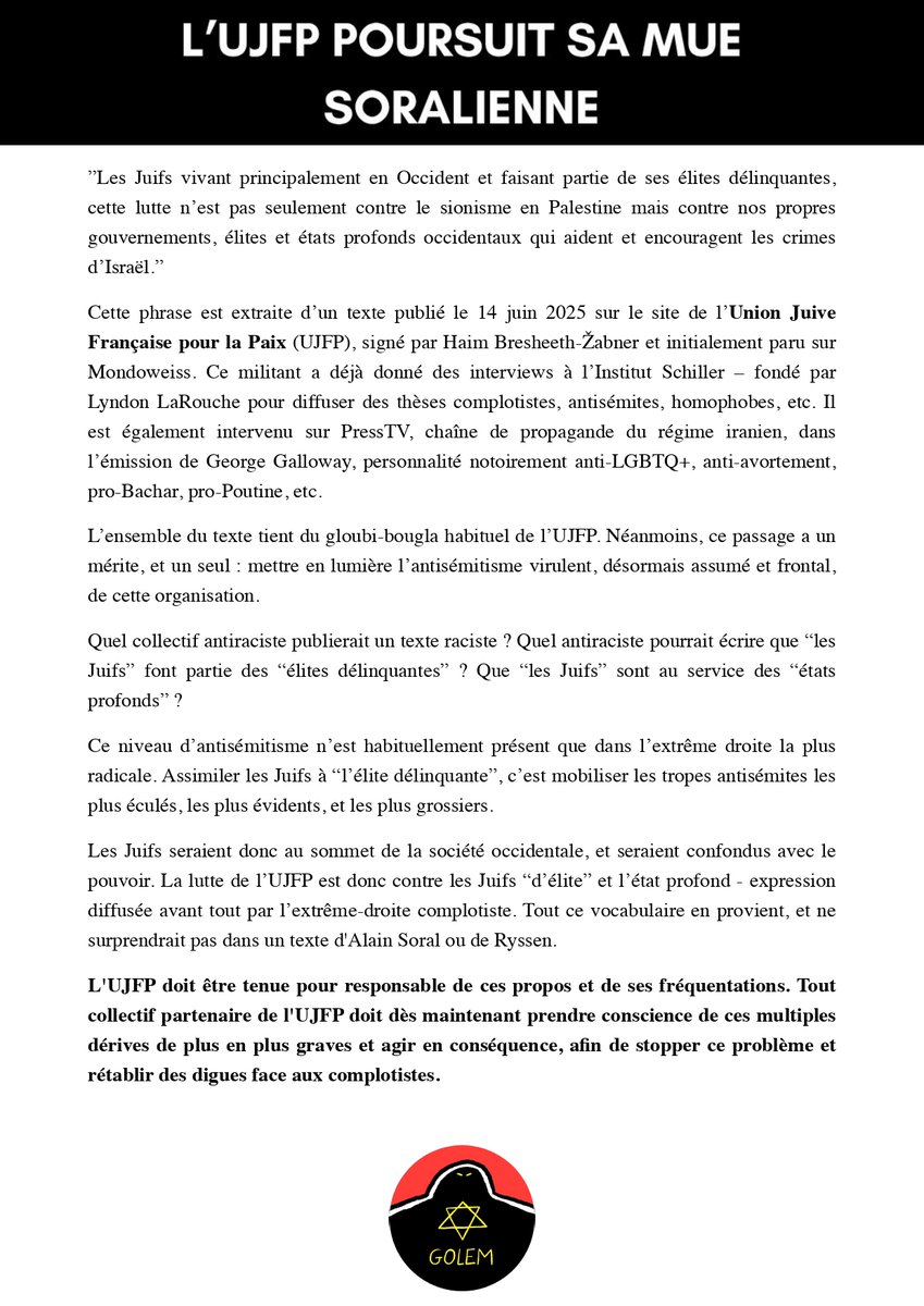 "Les Juifs vivant principalement en Occident et faisant partie de ses élites délinquantes"

L'Union Juive Française pour la Paix poursuit sa mue soralienne et publie un texte violemment antisémite et complotiste qu'on aurait pu facilement trouver sur "Égalité et Réconciliation"