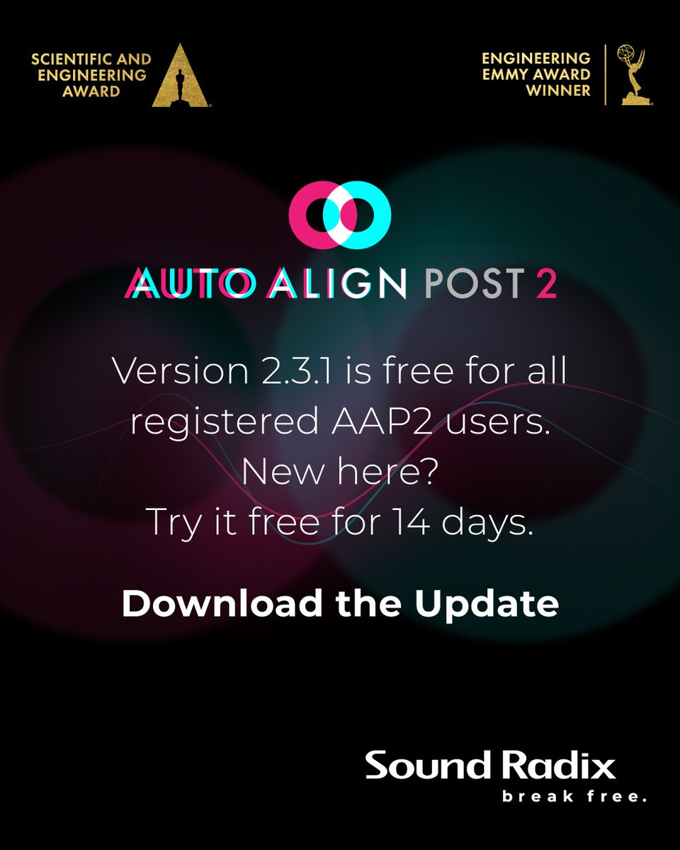 soundradix's tweet photo. Auto-Align Post 2.3.1 is here – bringing key fixes and performance upgrades to keep your workflow running smooth! Download the update now and read the full release notes on our site https://t.co/q29FfbxKUR.
Auto-Align Post 2.3.1 is free for all registered Auto-Align Post 2 users. Not registered yet? Try it free for 14 days.
#AutoAlignPost #PostProduction #AudioTools #ProTools #DaVinciResolve #PremierePro