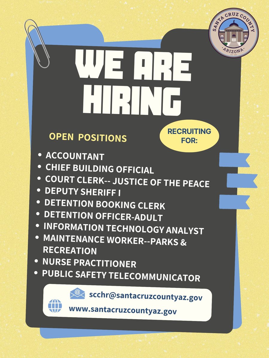 Santa Cruz County is hiring! From entry-level to experienced roles, we’ve got opportunities to grow your career while making a difference in your community.
🔗 Apply now: santacruzcountyaz.gov/Jobs.aspx