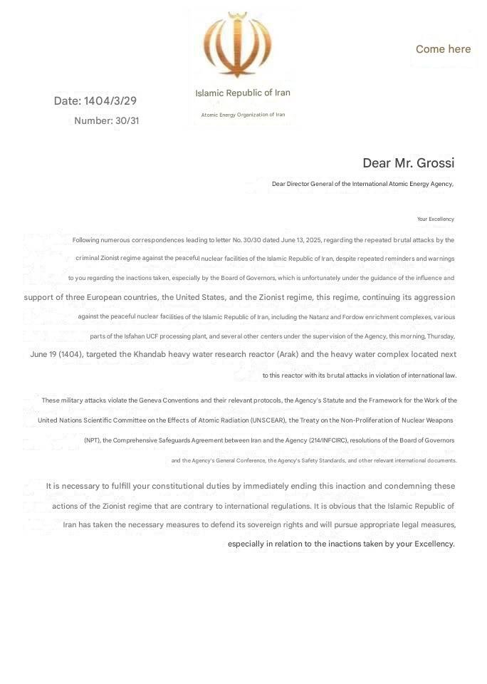 🇮🇷 Iran to pursue legal action against IAEA chief Rafael Grossi

In a formal letter, Iran accuses the IAEA—under Grossi’s leadership—of inaction and complicity in Israeli attacks on Iranian nuclear sites.

“This regime, supported by the U.S. and three European countries,