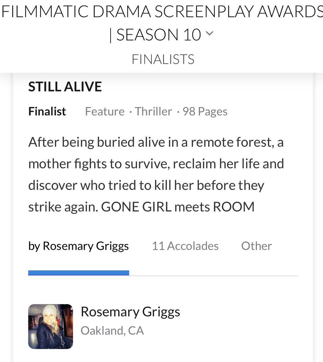 Thank you so much <a href="/FilmmaticNews/">Filmmatic.com</a> for selecting Still Alive as a Finalist!!! Grazie mille!!!🙏🥰