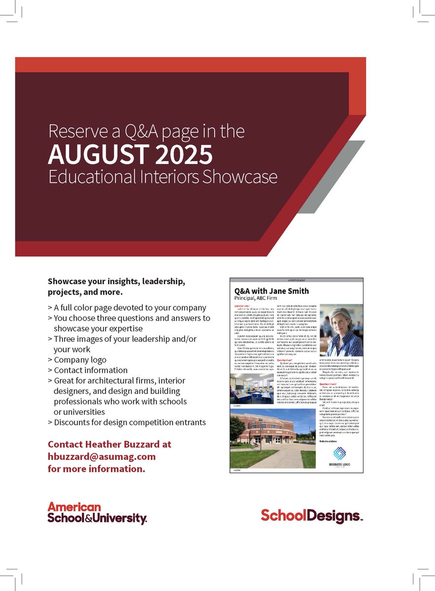 AS&U Magazine (@asu_mag) on Twitter photo Showcase your insights, leadership, projects, and more with a Q&A page in the upcoming 2025 Educational Interiors Showcase! Contact Heather Buzzard at hbuzzard@asumag.com to reserve your spot today! #EIS25 #thoughtleadership #asumag Showcase your insights, leadership, projects, and more with a Q&A page in the upcoming 2025 Educational Interiors Showcase! Contact Heather Buzzard at hbuzzard@asumag.com to reserve your spot today! #EIS25 #thoughtleadership #asumag