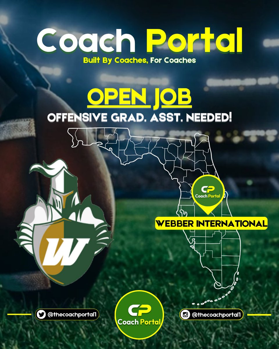 🟢Webber International Univ. (FL - NAIA) is looking for an Offensive Graduate Assistant working with either the OL or the WR's. Includes MBA tuition &amp; a $6k stipend. NO HOUSING OR MEALS. Will work closely with a positon, assist the OC and staff with any assigned tasks.

📧If
