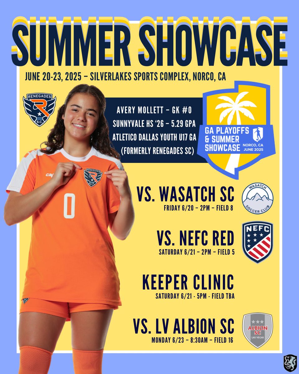 Avery Mollett (@averymollett) on Twitter photo GA SUMMER SHOWCASE STARTS TMR! 😎☀️
Coaches, come out!
#girlsacademy #renegades08ga
#rsc08ga #rscgk #ady08ga #atleticodallas
<a href="/atletico_u19ga/">Atlético Dallas Youth 08 GA</a> <a href="/SHSLadyRaiders1/">SHS Lady Raiders Soccer</a>
<a href="/SHSRaiderSoccer/">SHS Raider Soccer</a> <a href="/GAcademyLeague/">Girls Academy</a>
<a href="/ImYouthSoccer/">ECNL/GA/Recruiting/College Soccer</a> <a href="/ncsa/">NCSA College Recruiting</a> <a href="/LethalSoccer/">Coach Duque</a> <a href="/SSN_NCAASoccer/">Sidelines - College Soccer</a> <a href="/DP_League/">The DPL</a> <a href="/ImCollegeSoccer/">College Soccer Truth ™</a> GA SUMMER SHOWCASE STARTS TMR! 😎☀️
Coaches, come out!
#girlsacademy #renegades08ga
#rsc08ga #rscgk #ady08ga #atleticodallas
<a href="/atletico_u19ga/">Atlético Dallas Youth 08 GA</a> <a href="/SHSLadyRaiders1/">SHS Lady Raiders Soccer</a>
<a href="/SHSRaiderSoccer/">SHS Raider Soccer</a> <a href="/GAcademyLeague/">Girls Academy</a>
<a href="/ImYouthSoccer/">ECNL/GA/Recruiting/College Soccer</a> <a href="/ncsa/">NCSA College Recruiting</a> <a href="/LethalSoccer/">Coach Duque</a> <a href="/SSN_NCAASoccer/">Sidelines - College Soccer</a> <a href="/DP_League/">The DPL</a> <a href="/ImCollegeSoccer/">College Soccer Truth ™</a>