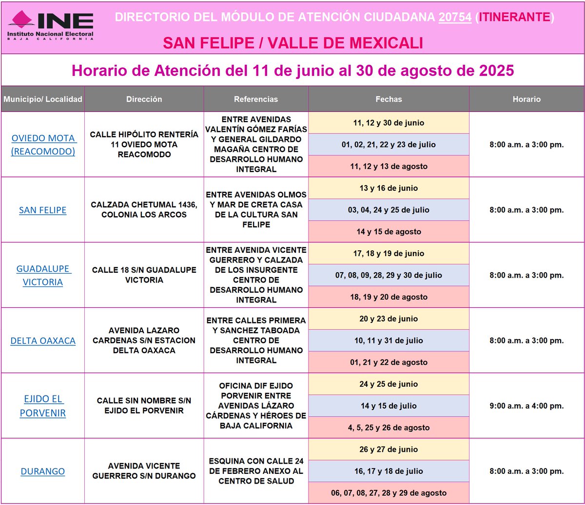 ⚠️Atención Ciudadanía⚠️
Módulo Itinerante 🚛 para #SanFelipe y poblados del #ValleDeMexicali, del 23 al 27 de junio de 2025: 
🔸Delta Oaxaca - 23 de junio.
🔸Ejido El Porvenir - 24 y 25 de junio.
🔸Durango - 26 y 27 de junio.
⚠Estos Módulos no requieren cita⚠