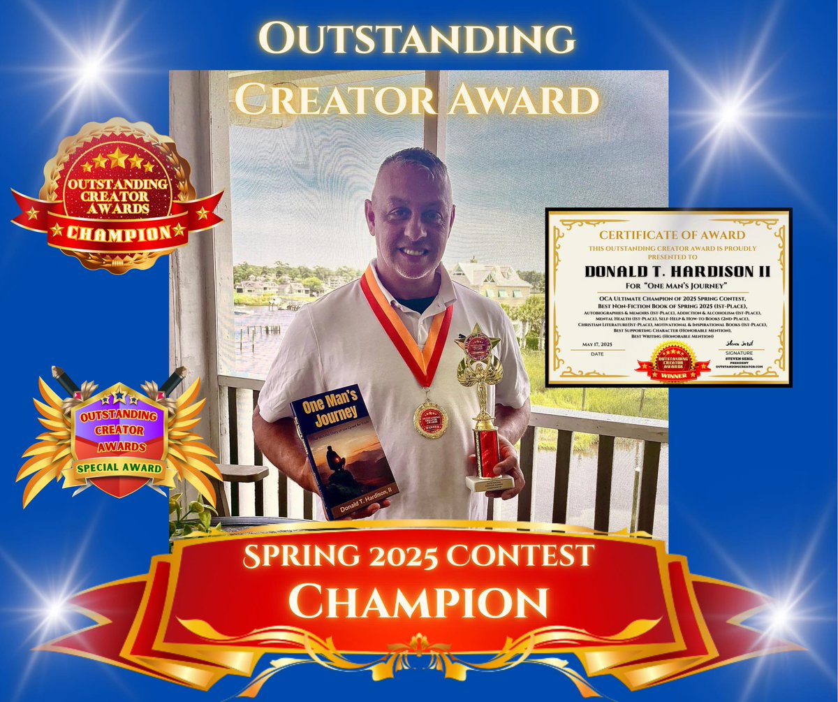 A HUGE congratulations to Donald T. Hardison II--OCA Ultimate Champion (trophy winner) of our 2025 Spring Contest!

Read our editorial book review here: outstandingcreator.com/reviews/review…