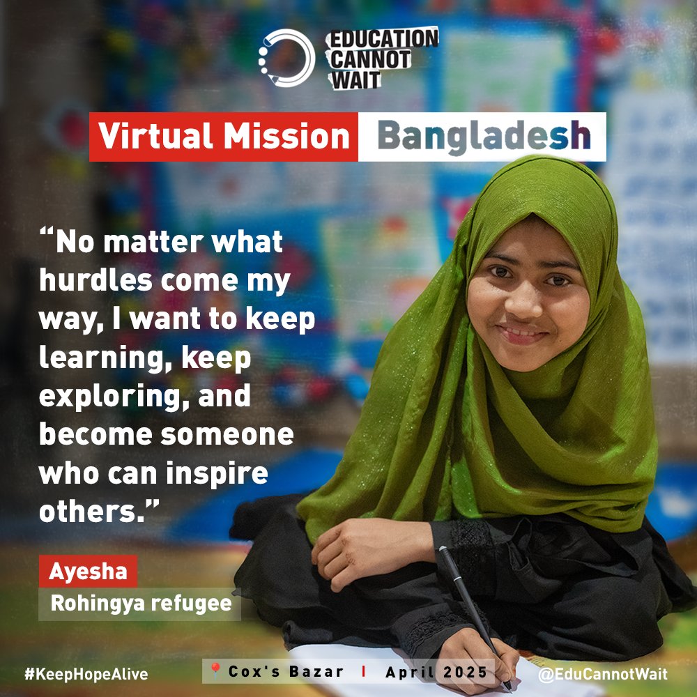 Education Cannot Wait (@educannotwait) on Twitter photo "I want to keep learning, keep exploring & become someone who can inspire others."
In #CoxsBazar, #refugee girls like Ayesha are proving how education can transform lives & #KeepHopeAlive.
Learn how <a href="/EduCannotWait/">Education Cannot Wait</a> & partners work together in🇧🇩to deliver safe, holistic, "I want to keep learning, keep exploring & become someone who can inspire others."
In #CoxsBazar, #refugee girls like Ayesha are proving how education can transform lives & #KeepHopeAlive.
Learn how <a href="/EduCannotWait/">Education Cannot Wait</a> & partners work together in🇧🇩to deliver safe, holistic,