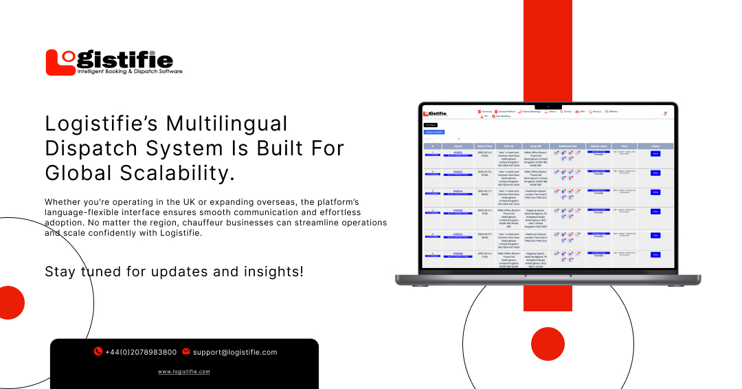 logistifie's tweet image. Logistifie’s #multilingual #dispatchsystem empowers #chauffeurbusinesses #worldwide with seamless bookings, driver coordination, and global customer communication.
logistifie.com/demo-request/

#GlobalDispatch #MultilingualSoftware #DispatchSoftware #TransportTech #WorldwideChauffeurs