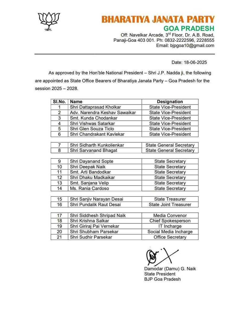 I express my heartfelt gratitude to party leadership for entrusting me with the responsibility of State Media Convenor, BJP Goa.
A special thank you to State President <a href="/DamuNaik/">Damodar (Damu) G. Naik</a> &amp; other senior leaders .With ur support, I will strive to uphold d values &amp; vision of  <a href="/BJP4India/">BJP</a>.