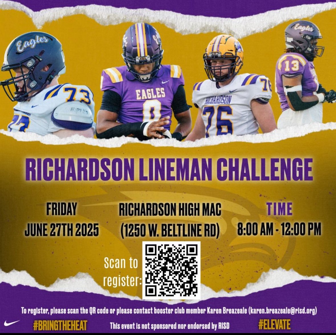 📢 Online Registration closes Friday! Don’t miss out on your chance to "Own The Land" at the 1st Annual Richardson High Lineman Challenge!
🗓️ Date: June 27th
⏰ Time: 8:00 AM - 12:00 PM
📍 Location: Richardson High School MAC (Multi-Purpose Activity Center)
Come compete! 💪  #OTL
