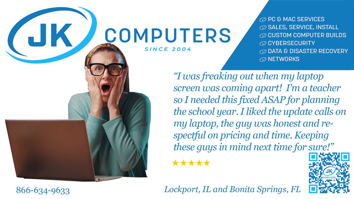 _JKComputers's tweet image. My laptop screen was coming apart &amp;amp; I was freaking out — I’m a teacher &amp;amp; needed it fixed ASAP. JK Computers gave honest pricing, quick updates &amp;amp; fast turnaround. Everyone needs a trusted go-to for tech help — this is mine 
 #LaptopRepair #JKComputers #TrustedTech #TeacherApproved
