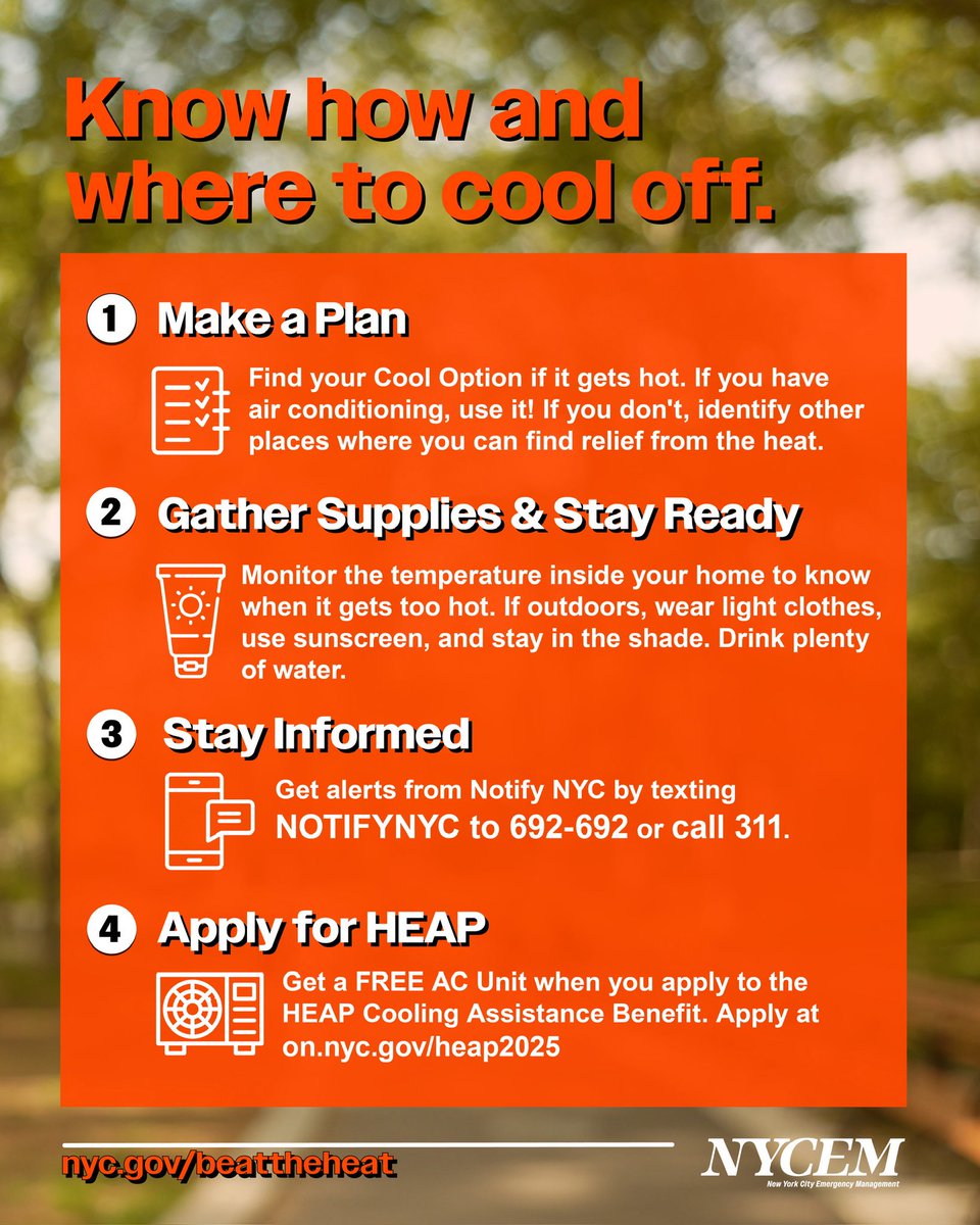 New York City: We’re heading into a few days of extreme heat 🥵🔥☀️Heat is the number one weather-related cause of death in NYC. Make a plan now to stay safe.

What does this mean?
Weather is considered dangerous when temperatures reach 90°F or higher for two or more