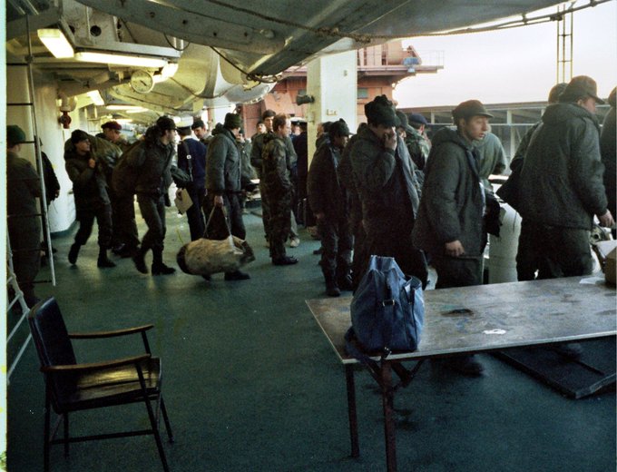 RDPHistory's tweet photo. June 19th 1982: Canberra makes port as the Argentine prisoners gather their packs and prepare to set foot back on home soil. Some of the prisoners are just children: "In some of their packs, we discovered children's crayoning books," remembered Captain John Ware RM...  

1/2 https://t.co/q1f2WRgBZX