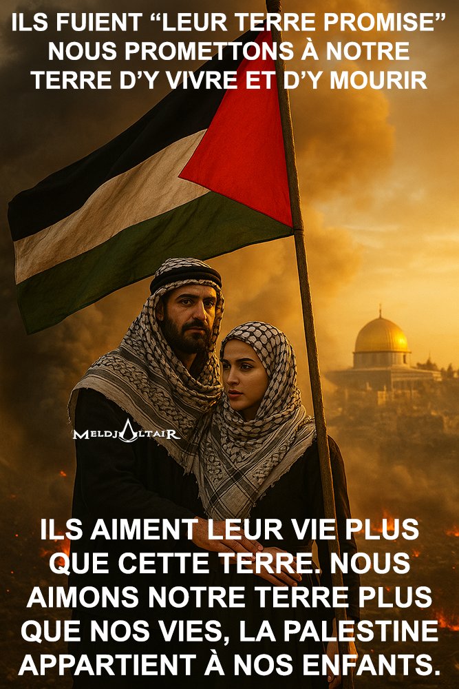 MeldjaAltair04's tweet image. Un peuple qui aime et qui chérie sa terre, celle de ses ancêtres, de ses descendants, celle qui mémorise son histoire dans les cœurs de ses enfants, ne sera jamais abandonnée. Quoi qu'il en coûte.
La vérité éclate au grand jour, regardez fuir, les falsificateurs.
#FreePalestine