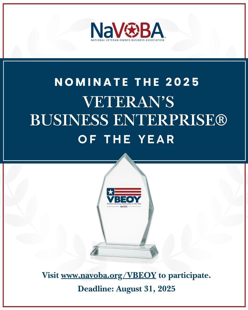Nominate a standout VBE® for the Veteran’s Business Enterprise® of the Year! 🏆 Nominations open now through Aug 31. Award presented at Joint Forces Forum, Oct 1, 2025.
Submit: navoba.org/vbeoy
#VBEOY #NaVOBA #VeteranBusiness #JointForcesForum