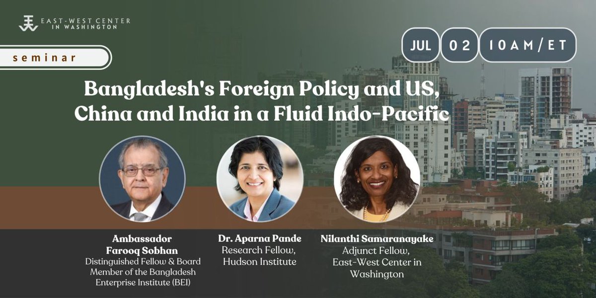Nilanthi Samaranayake (@nilanthis) on Twitter photo I'm looking forward to discussing the US approach to Bangladesh, especially in the context of US strategy in the Indian Ocean.
Register for this in-person event w/<a href="/SatuLimaye/">Satu Limaye</a>, <a href="/Aparna_Pande/">Dr Aparna Pande</a>, Amb. Sobhan, & me: eastwestcenter.org/events/banglad…
#SmallStates #SmallerSouthAsian #IndoPacific I'm looking forward to discussing the US approach to Bangladesh, especially in the context of US strategy in the Indian Ocean.
Register for this in-person event w/<a href="/SatuLimaye/">Satu Limaye</a>, <a href="/Aparna_Pande/">Dr Aparna Pande</a>, Amb. Sobhan, & me: eastwestcenter.org/events/banglad…
#SmallStates #SmallerSouthAsian #IndoPacific