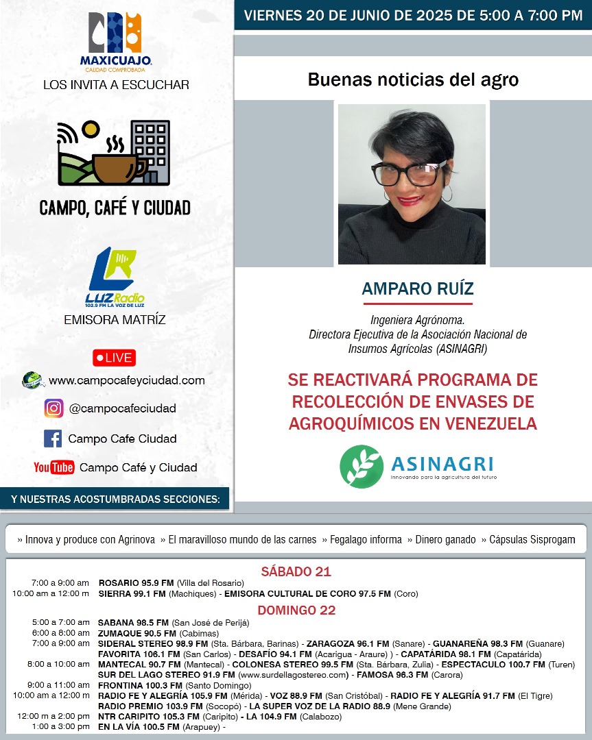 La Ing. Agr. Amparo Ruiz, Directora de Ejecutiva de ASINAGRI, nos comparte mañana #Viernes #20Jun en tu programa Campo, Café y Ciudad #Radio una "buena noticia del agro", se reactiva el programa de recolección de envases de agroquímicos en #Venezuela