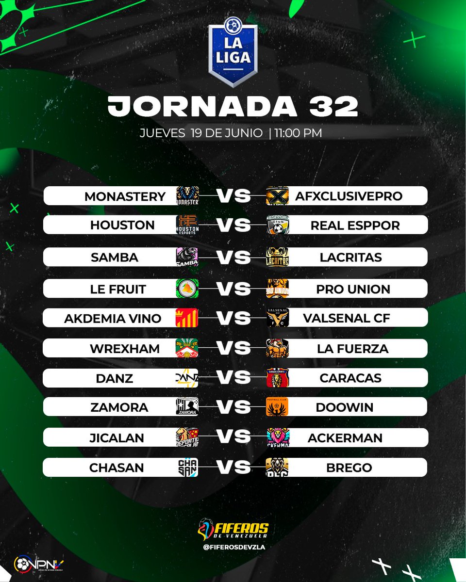 Fiferos de Venezuela (@fiferosdevzla) on Twitter photo #NotiFDV "NUEVO LIDER" 🤼🏽♂️ Hoy sigue la emoción de #LALIGAVPNV <a href="/VPNGlobal/">Virtual Pro Network</a> #CROSSPLAY donde conoceremos quien será el líder de la semana ocho #EAFC25
🗓️ VPNV 🇻🇪│ 🏆 LA LIGA - Fecha 16 - <a href="/LVFVirtual/">Liga Virtual de Fútbol Venezolano</a>
🏟️Jornada 31
⌚️ 10:30 PM
🏟️Jornada 32
⌚️ 11:00 PM #NotiFDV "NUEVO LIDER" 🤼🏽♂️ Hoy sigue la emoción de #LALIGAVPNV <a href="/VPNGlobal/">Virtual Pro Network</a> #CROSSPLAY donde conoceremos quien será el líder de la semana ocho #EAFC25
🗓️ VPNV 🇻🇪│ 🏆 LA LIGA - Fecha 16 - <a href="/LVFVirtual/">Liga Virtual de Fútbol Venezolano</a>
🏟️Jornada 31
⌚️ 10:30 PM
🏟️Jornada 32
⌚️ 11:00 PM