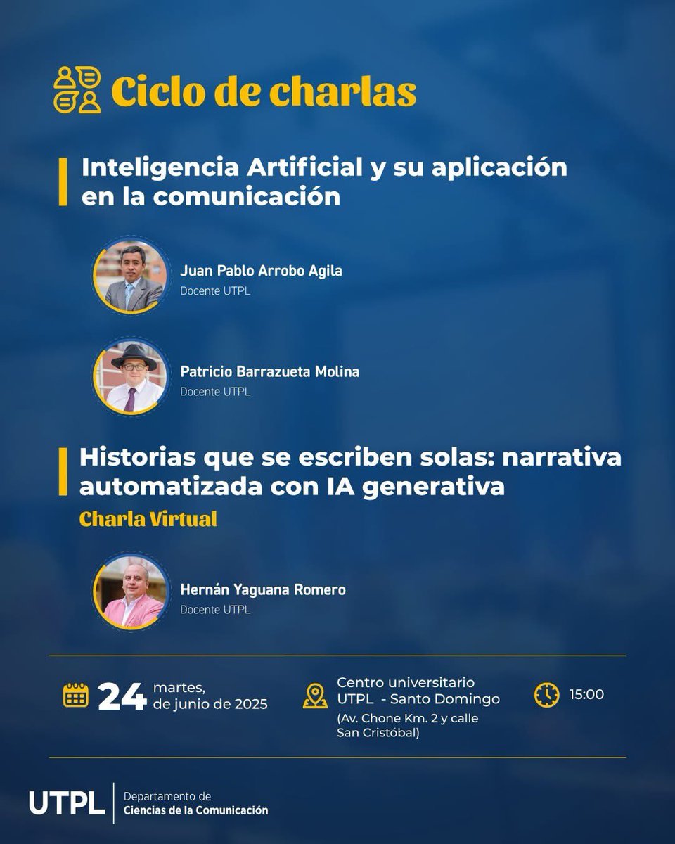 ¡Atención Santo Domingo! Les invitamos a nuestro ciclo de charlas con los docentes de nuestra carrera <a href="/hernanyaguana/">hernan yaguana</a> <a href="/bamopa/">patricio barrazueta</a> #JuanPabloArrobo.