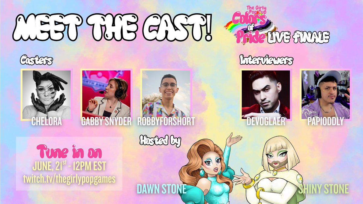We HAD to get our of our twitter hiatus to share the good news!

The Girly Pop Cup: Colors of Pride finale is this weekend and we want to introduce the amazing cast that will make our live event a moment to remember!

<a href="/Chel0ra/">Chelora</a> <a href="/GabbySnyder/">"SimplyGabby" Snyder</a> <a href="/RobbyForShort/">Robby | Ditto Enthusiast</a> <a href="/devoglaer/">DeVoglaer 👹🖤📺</a> <a href="/PapiOddly/">PapiOddly➡️🦋Bluesky✨</a>