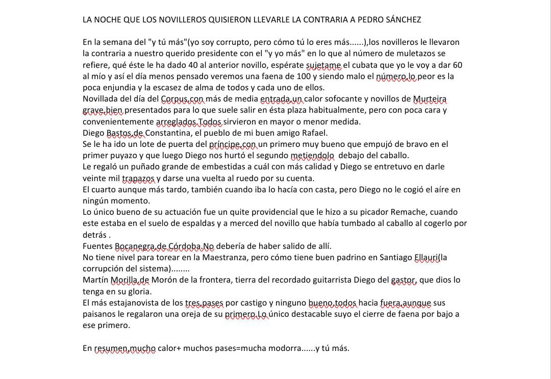 Crónica de un abonado a la Real Maestranza de Caballería de Sevilla.
19 de Junio de 2025 Sevilla Corpus Nocturna Novillos de Murteira Grave para Diego Bastos, Fuentes Bocanegra y Martín Morilla.