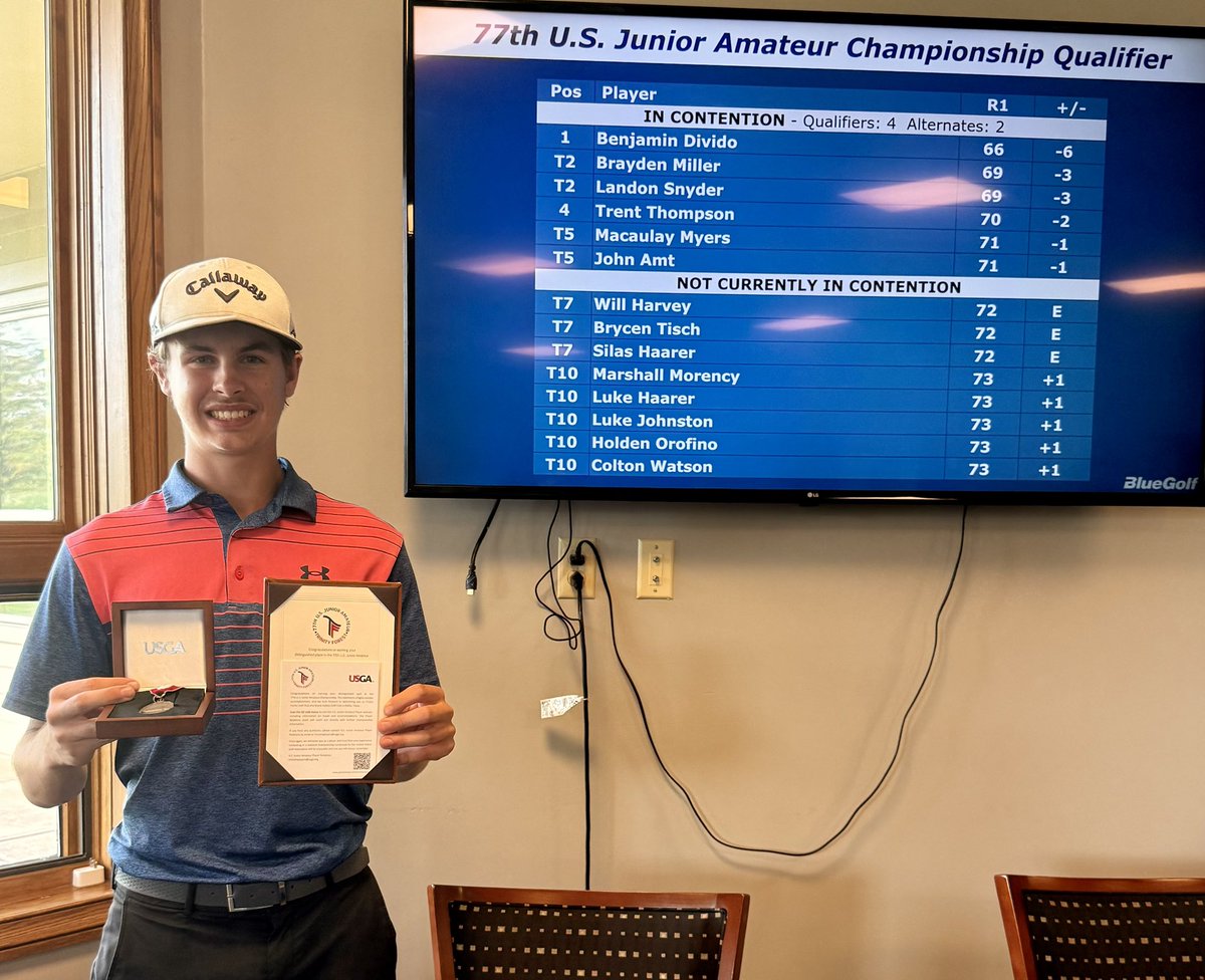 Elkhart HS Golf (@golfelkhart) on Twitter photo Ben Divido shoots a 66 to win the US Amateur Qualifier at the Purdue Kampen Course! Fantastic round by the freshman especially after the state finals! Nice job Ben! Onto the US Am in Dallas in July!
<a href="/ElkhartHSSports/">Elkhart High School Athletics</a> <a href="/indianahsgolf/">Indiana HS Golf</a> <a href="/Fromthecartpath/">From The Cart Path</a> Ben Divido shoots a 66 to win the US Amateur Qualifier at the Purdue Kampen Course! Fantastic round by the freshman especially after the state finals! Nice job Ben! Onto the US Am in Dallas in July!
<a href="/ElkhartHSSports/">Elkhart High School Athletics</a> <a href="/indianahsgolf/">Indiana HS Golf</a> <a href="/Fromthecartpath/">From The Cart Path</a>
