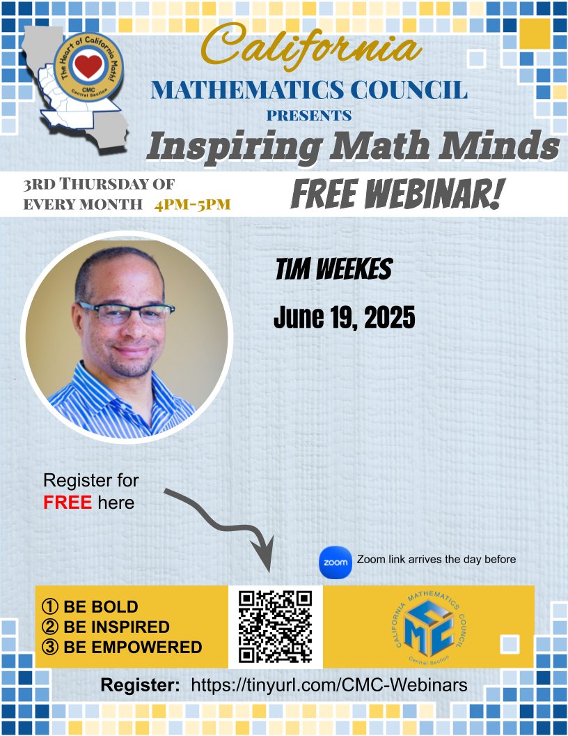 Dᴜᴀɴᴇ Hᴀʙᴇᴄᴋᴇʀ (@dhabecker) on Twitter photo Our Inspiring Math Minds webinar for June is about to begin in less than 10 minutes. Here is the link: kcsos.zoom.us/j/93919505803
#iTeachMath <a href="/CAMathCouncil/">CMC - CA MathCouncil</a> <a href="/cmcmath/">이승철</a>.bsky.social
<a href="/csampsonmath/">Cole Sampson</a> Our Inspiring Math Minds webinar for June is about to begin in less than 10 minutes. Here is the link: kcsos.zoom.us/j/93919505803
#iTeachMath <a href="/CAMathCouncil/">CMC - CA MathCouncil</a> <a href="/cmcmath/">이승철</a>.bsky.social
<a href="/csampsonmath/">Cole Sampson</a>