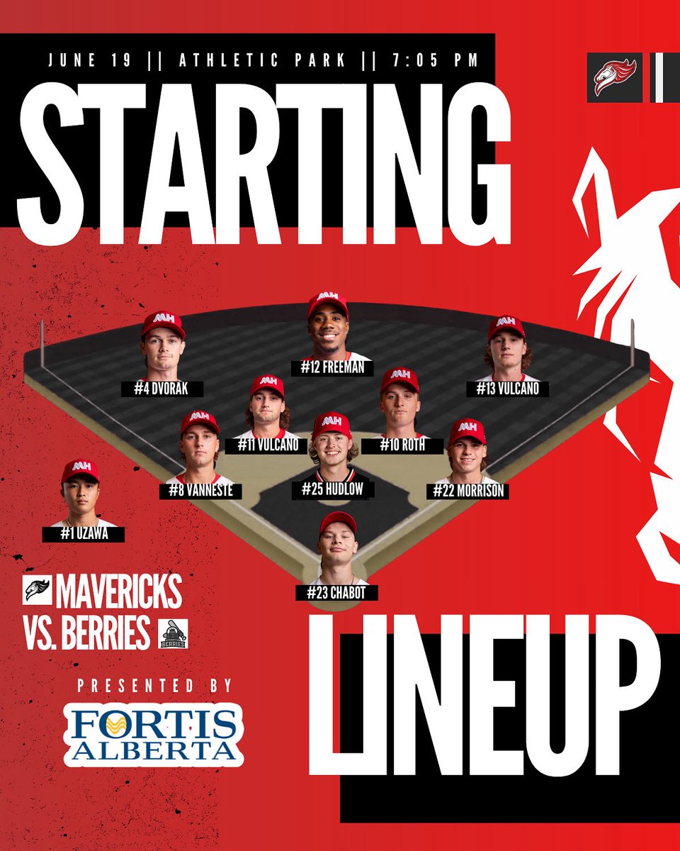 Medicine Hat Mavericks (@mhmavericks) on Twitter photo Today’s starting lineup is presented by <a href="/FortisAlberta/">FortisAlberta</a>
June 19th || 7:05 pm || vs. <a href="/StoonBerries/">Saskatoon Berries</a>
#medhat #yxh #wcbl Today’s starting lineup is presented by <a href="/FortisAlberta/">FortisAlberta</a>
June 19th || 7:05 pm || vs. <a href="/StoonBerries/">Saskatoon Berries</a>
#medhat #yxh #wcbl