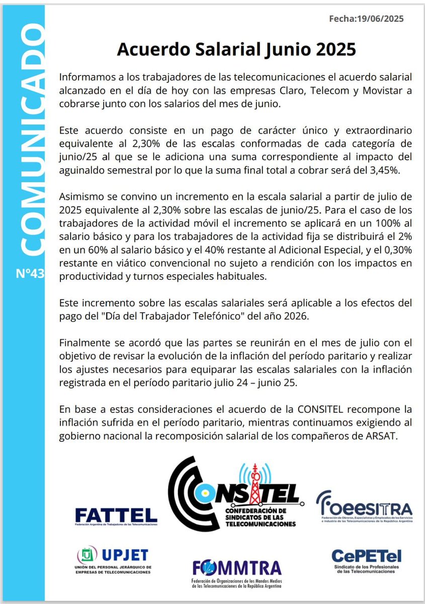 Nuevo acuerdo salarial Junio 2025

#Paritarias
#Telefónicos
#ConSiTel