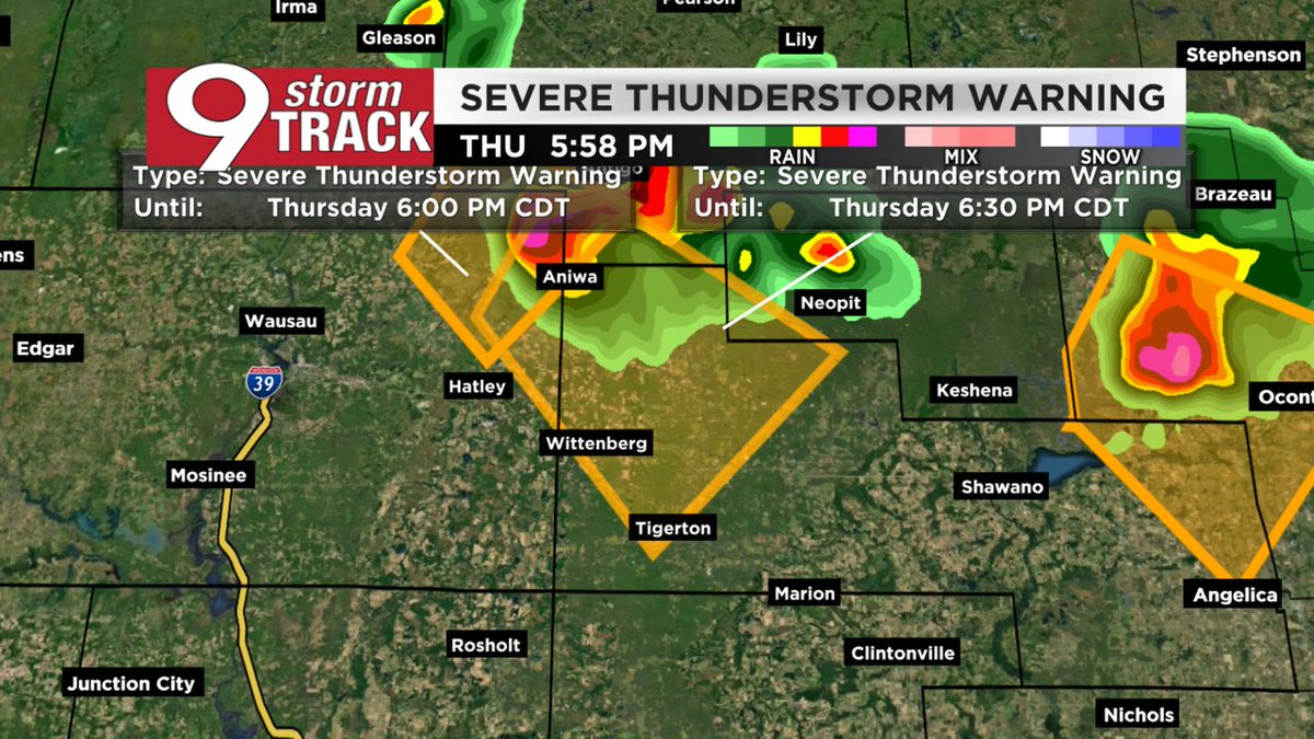 A *SEVERE THUNDERSTORM WARNING* is in effect for parts of Shawano, Langlade, Marathon, Menominee County until Jun 19 6:30PM CDT. Possible impacts include large hail, damaging winds, and heavy rain. Get to a safe place now if you're in the warned area.