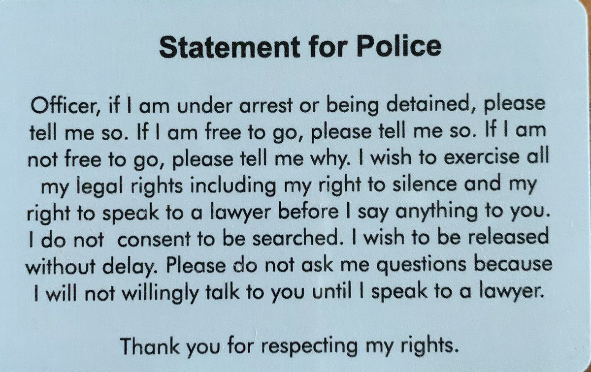 Looney Smith Conrad & Hefti P.C. (@looneyconrad) on Twitter photo Want a FREE "Statement for Police" card for your wallet? Put it behind your driver's license. If you get pulled over, pull them both out at the same time. It shows the officer you know your rights. Email the number of cards you'd like & your address: Roxanne@LooneyConrad.com Want a FREE "Statement for Police" card for your wallet? Put it behind your driver's license. If you get pulled over, pull them both out at the same time. It shows the officer you know your rights. Email the number of cards you'd like & your address: Roxanne@LooneyConrad.com
